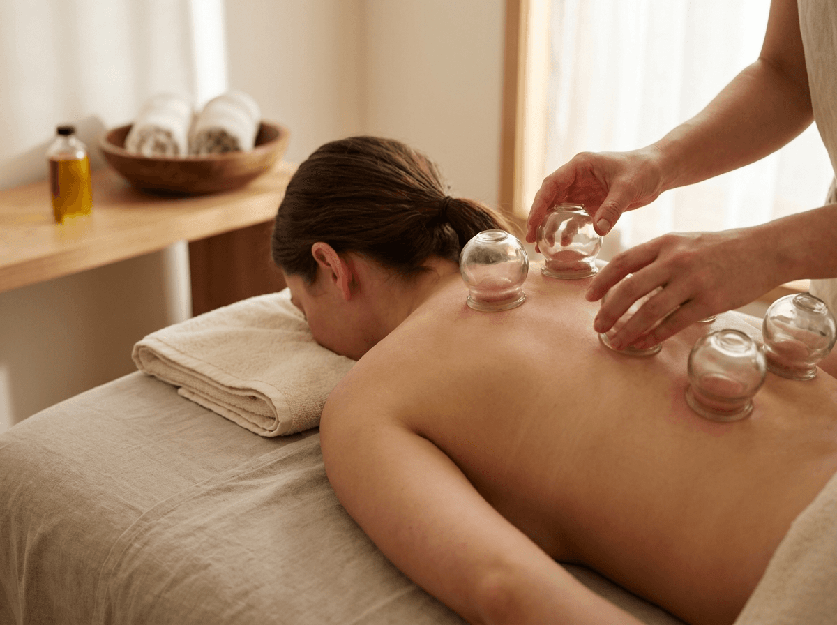 Cupping therapy on a client's upper back and shoulder