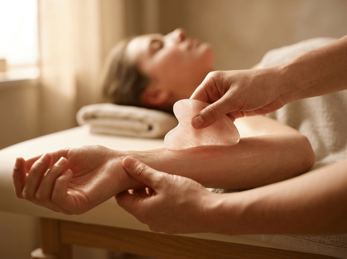 Practitioner using a gua sha tool on a client's shoulder